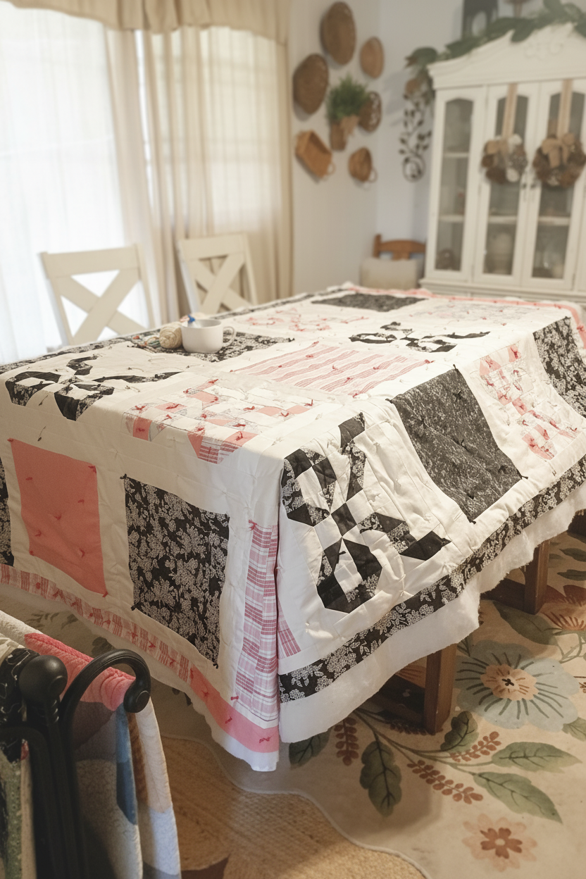 Black White Floral Quilt on Table