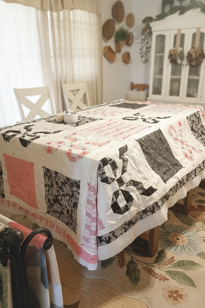 Black White Floral Quilt on Table