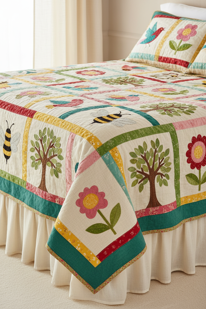 Colorful Applique Quilt on Bed